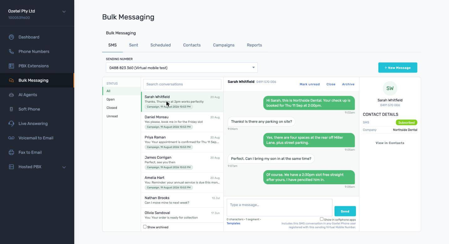 Ozetel Bulk Messaging conversation view showing an SMS thread with a customer and a reply box