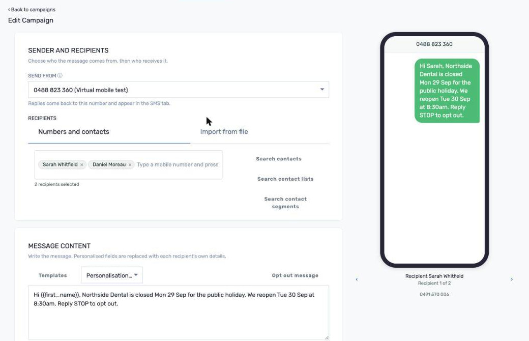 Designing a bulk SMS campaign in Ozetel with a live phone preview of the merged message