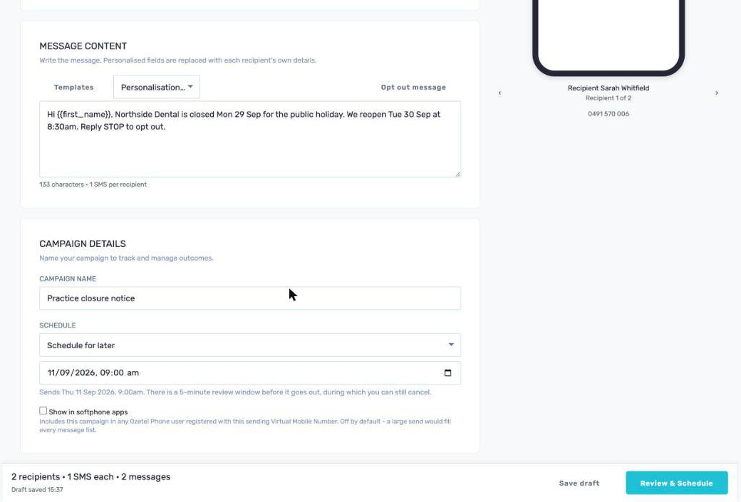 Scheduling a bulk SMS campaign in Ozetel with send now or send later options