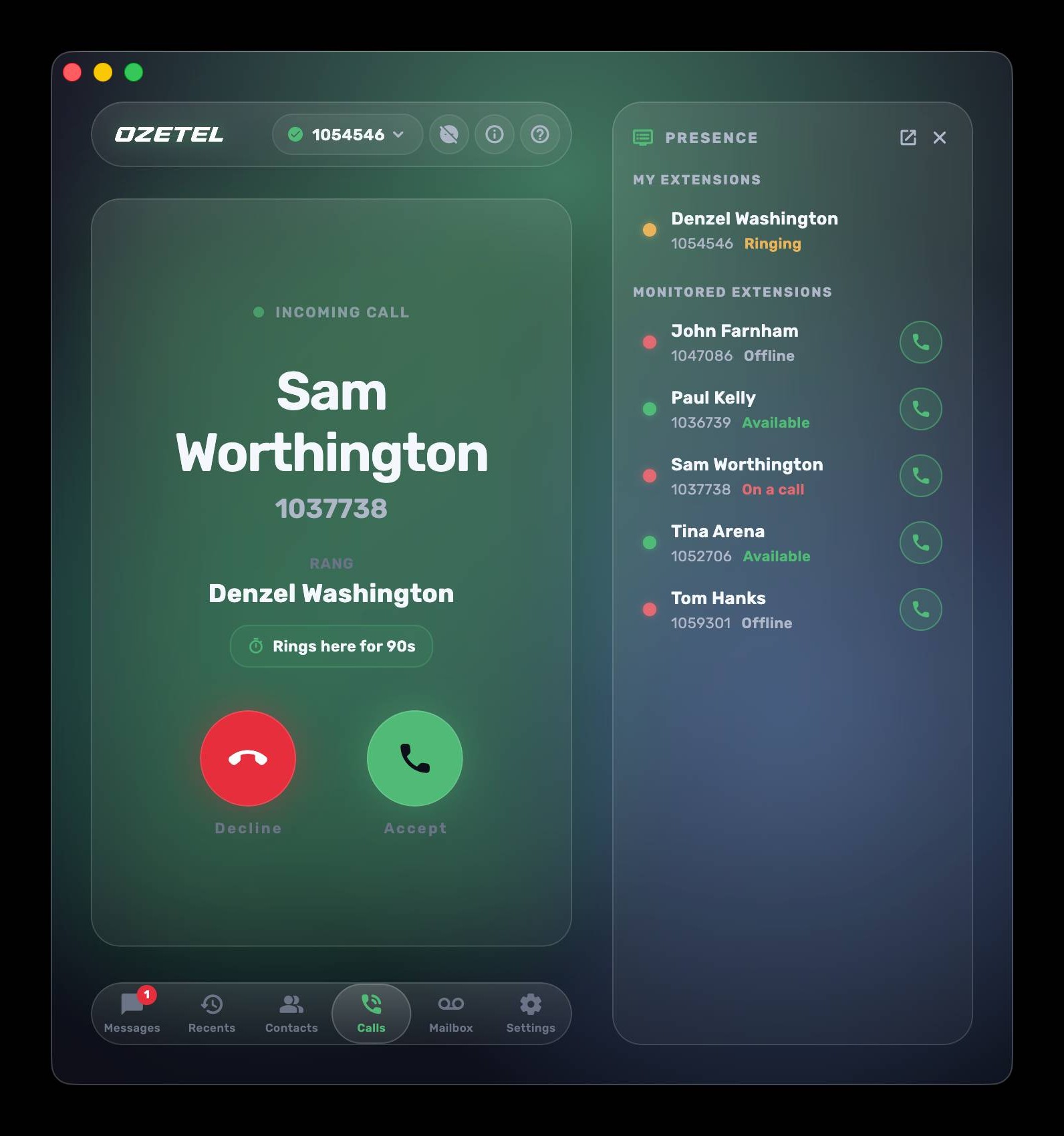 Ozetel Phone incoming call screen showing the caller name, the business number they dialled, and live presence for the team