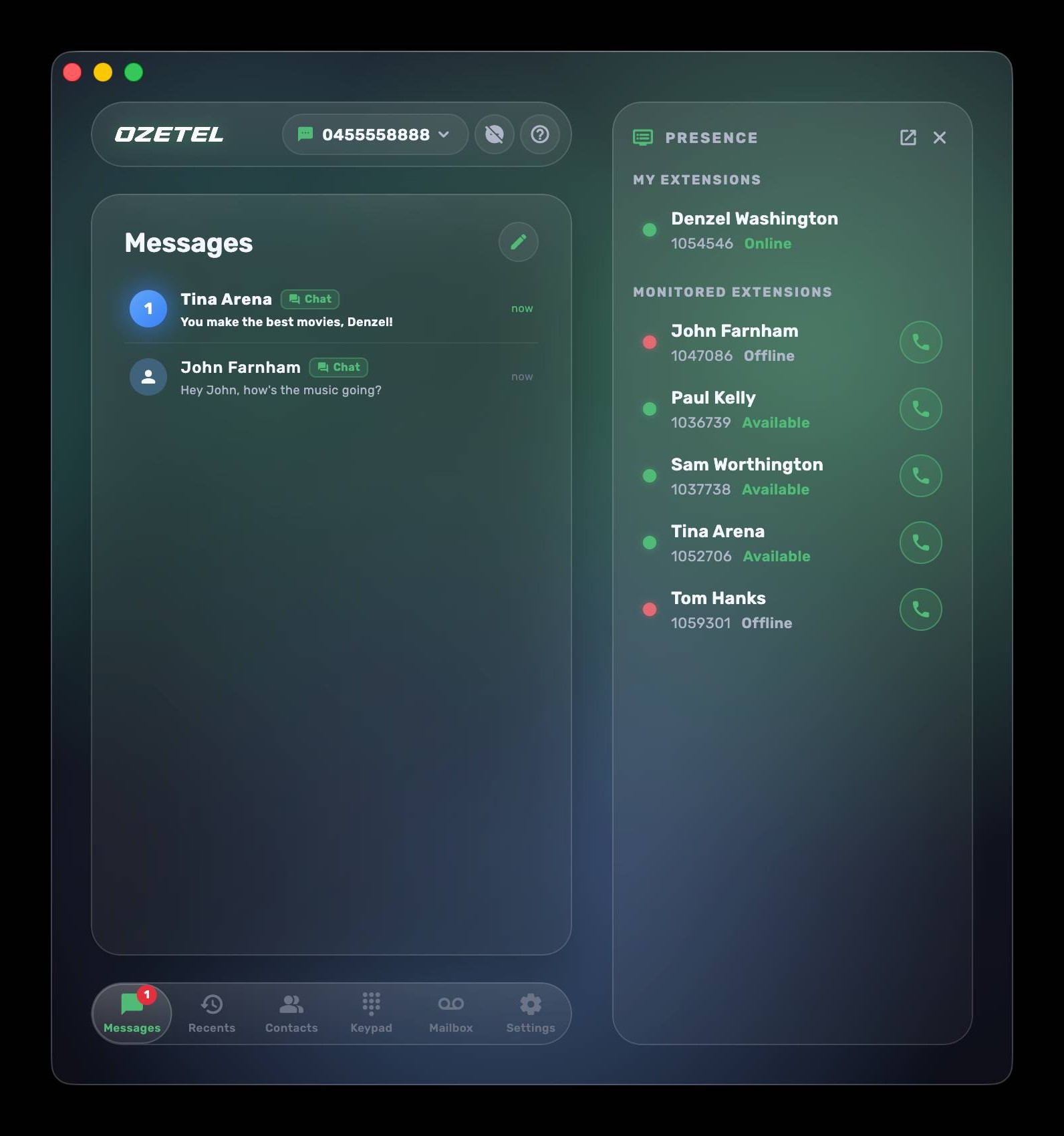 Ozetel Phone softphone app on macOS showing SMS and team chat messages beside a live team presence board